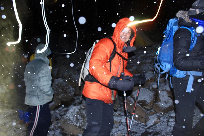 Climbers lined up at midnight at Barafu Camp ready to start the summit push to Uhuru Peak on Kilimanjaro