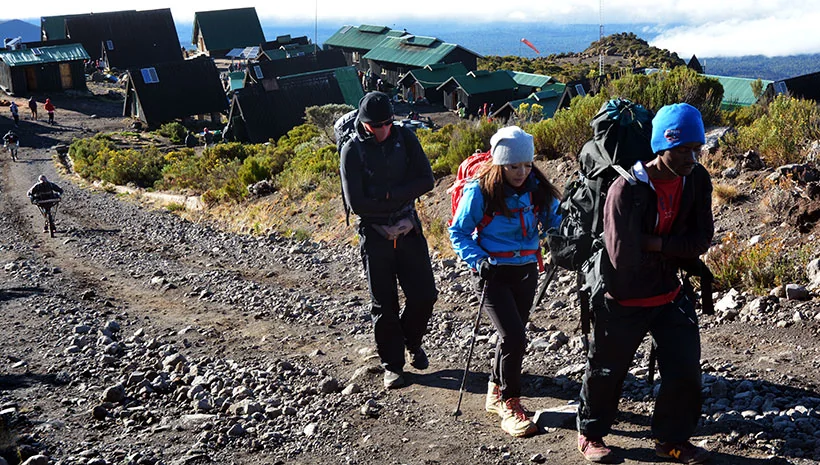 Climbers on a quiet morning section of the Marangu route