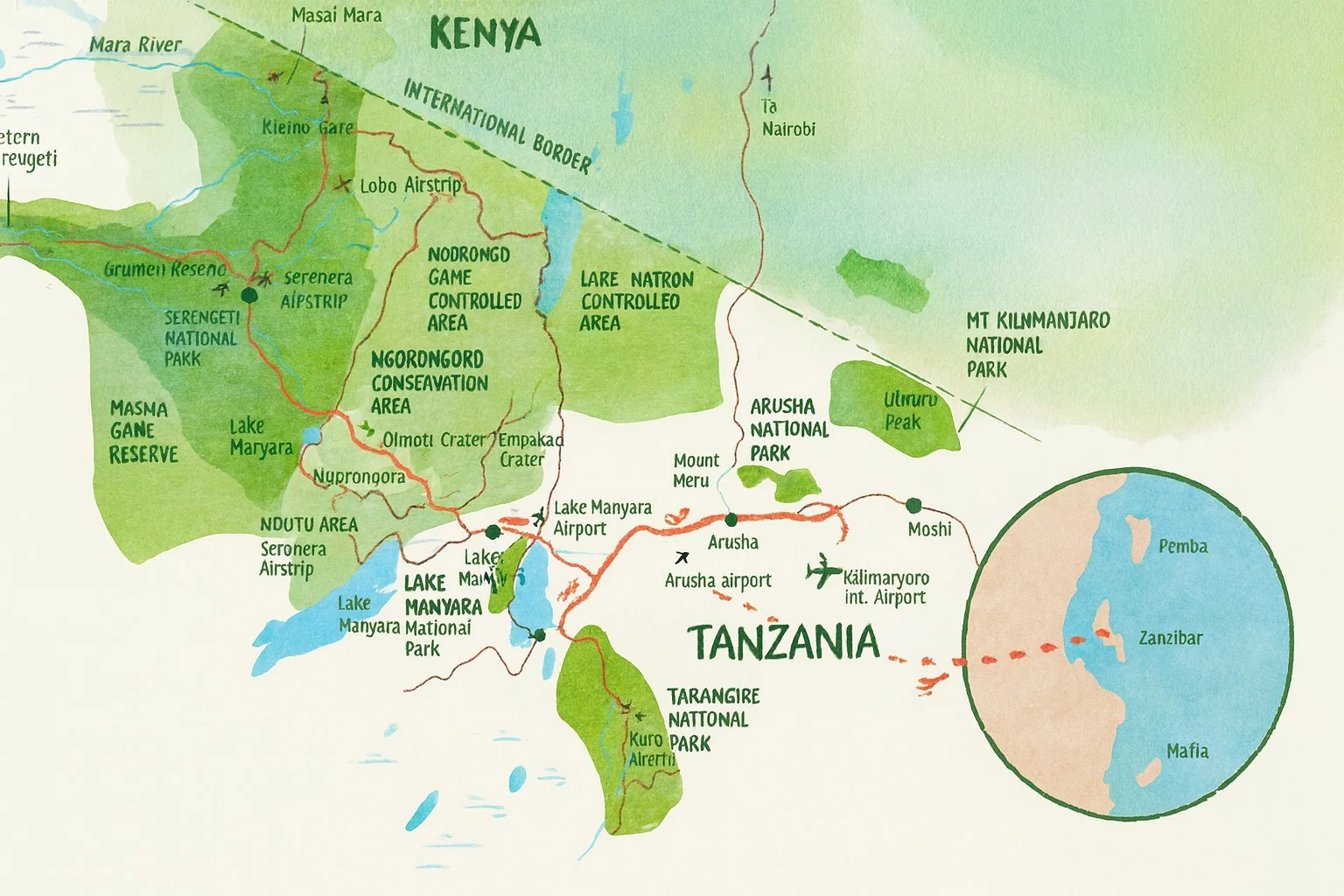 Map showing Zanzibar and the Tanzania safari regions connected by a short flight