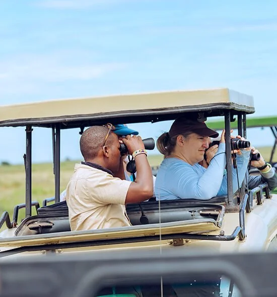 Tourists enjoying a game drive through the Serengeti savannah