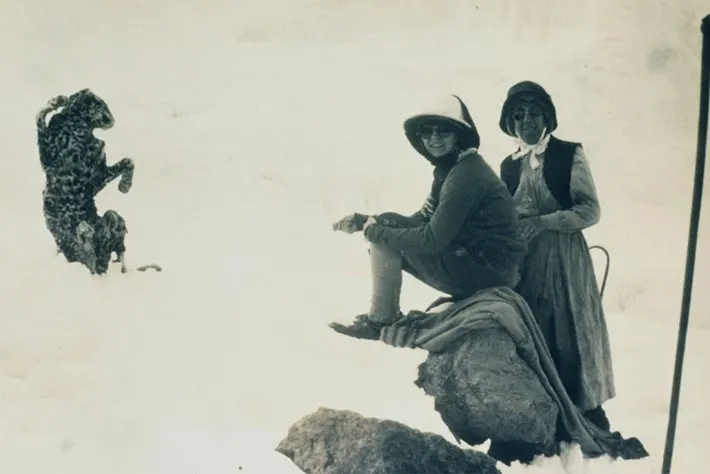 Richard Reusch with the frozen leopard he found on Mount Kilimanjaro, circa 1926